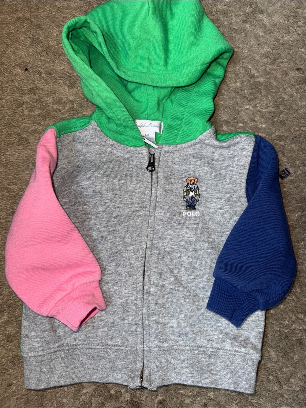 Polo by Ralph Lauren Kids Gray Zip Hoodie with Green Hood, Pink & Blue Sleeves